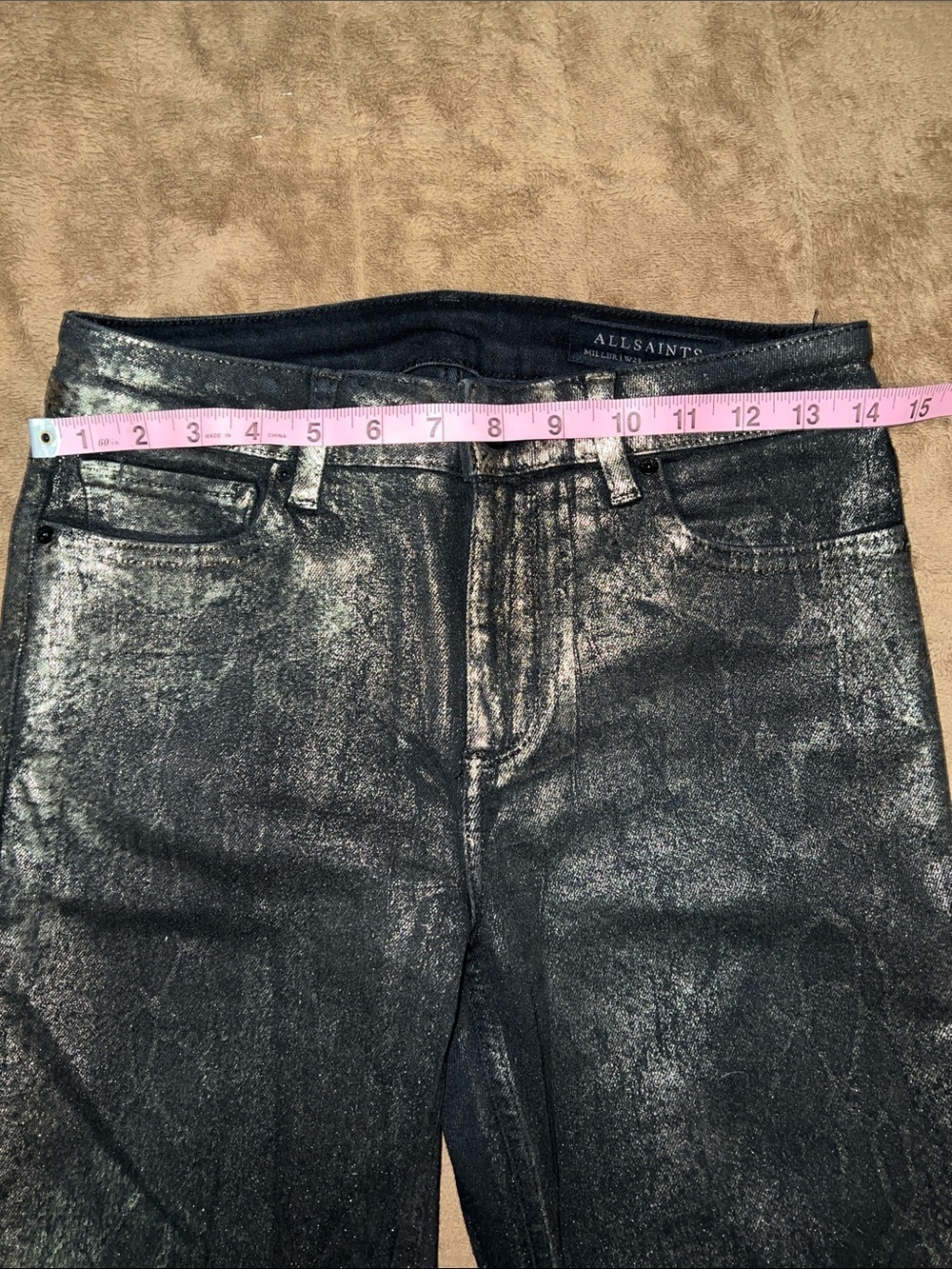 AllSaints Miller Mid-Rise Snake Skinny Jeans Gold Metallic 28 - Picture 7 of 12